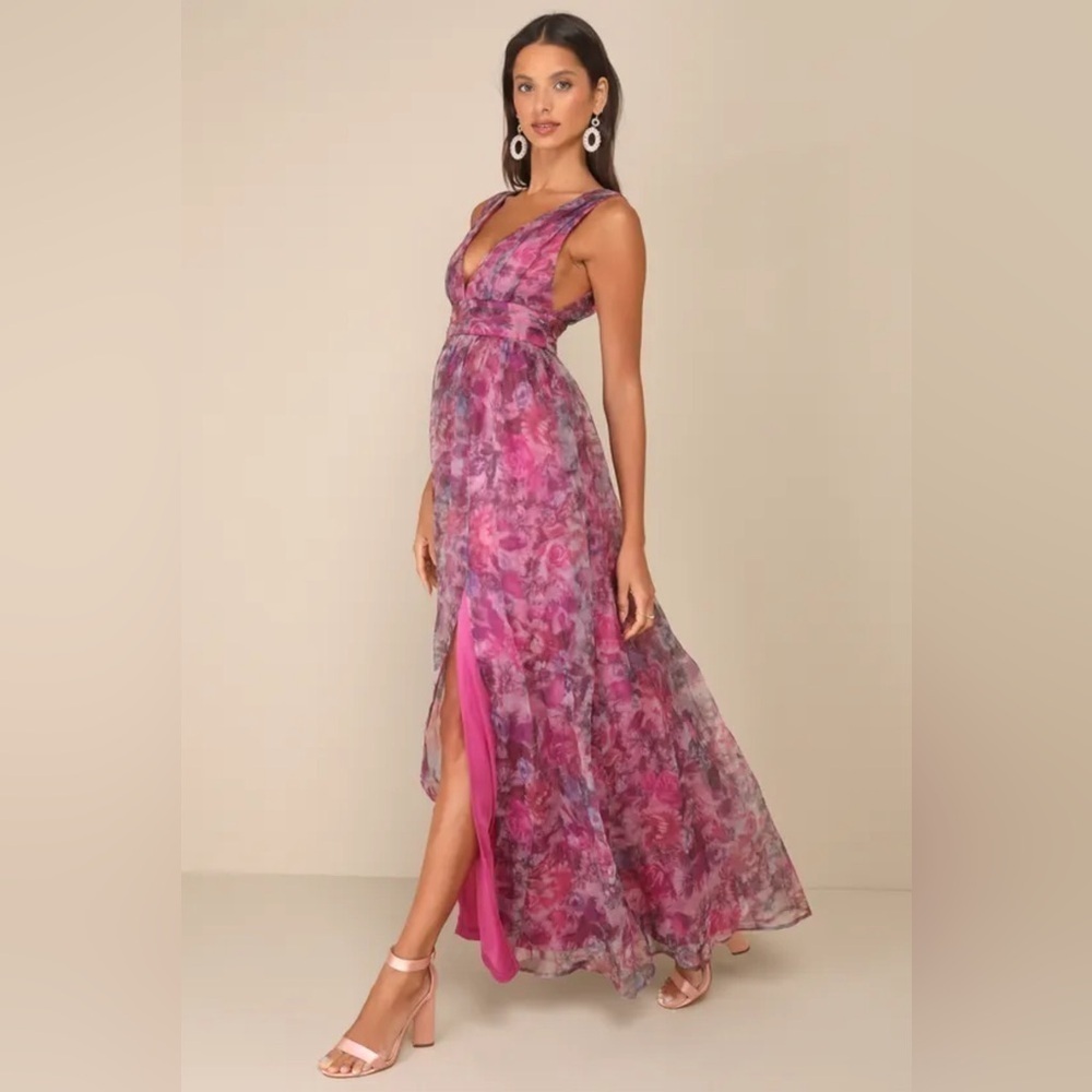 Lulu's Magenta Floral Print Organza Maxi Dress